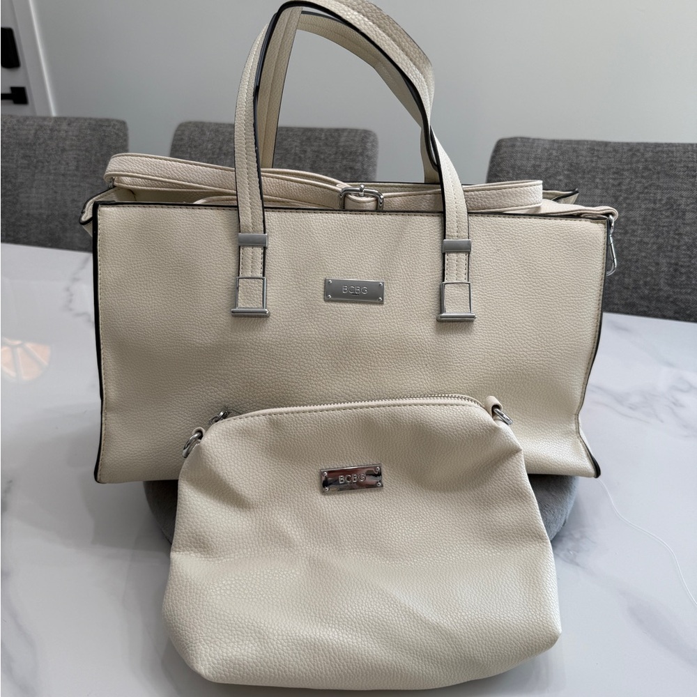 BCBG Cream Pebble Faux Leather Tote with Detachable Pouch/crossbody bag